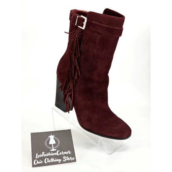 Sigerson Morrison Women's Burgundy Suede Mallie Fringe Dress Boots Size 9 1646 - Picture 7 of 10